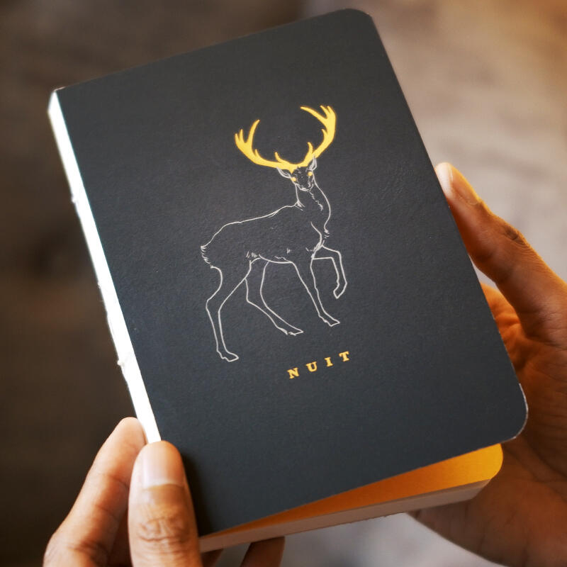 Earthbound sustainable journal with 128 unruled pages, recycled Italian Sona paper, exposed spine notebooks. Perfect for personal use or gifting. Bangalore, India. Kashmiri Stag with premium gold inking.